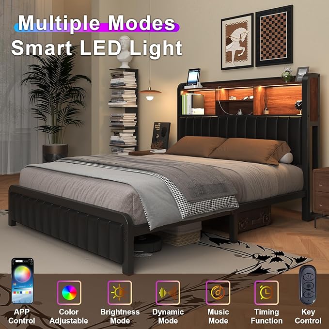 Full Bed Frame 54.3" Tall with 3-Tier Storage Headboard and PU Leather, Metal Platform Bed Frame with LED Lights and Charging Station, Noise-Free, Metal Support, No Box Spring Needed, Black