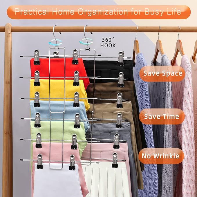 3 Pack Pants-Hangers-Space-Saving,6 Tier-Closet-Organizers-and-Storage Skirt Hangers with Clips,Closet-Organizer-Clothes-Organization-and-Storage Jeans Scarf Hangers,College-Dorm-Room-Essentials Decor