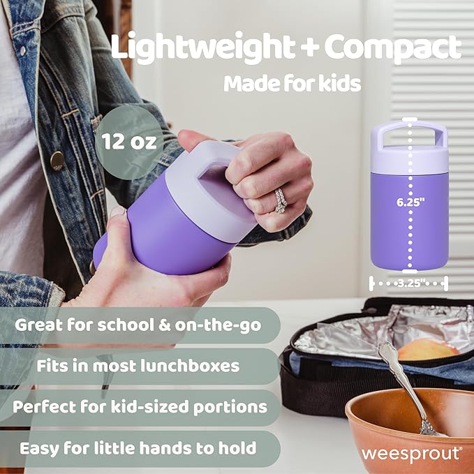 WeeSprout Insulated Stainless Steel Lunch Thermos, Soup Bottle for Hot & Cold Foods, 12 oz Jar for Children, Kid-Friendly Handle, Leakproof Container, Termos Para Comida Caliente (Purple)