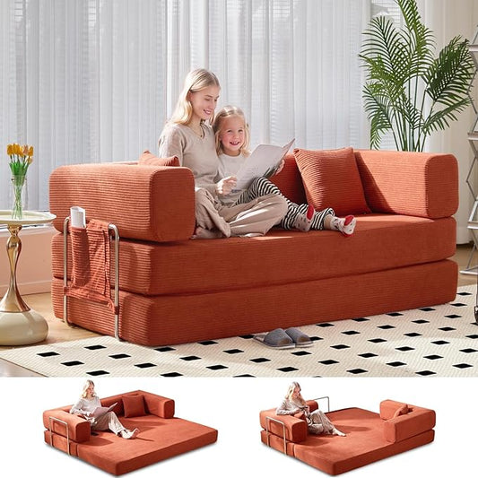 Folding Sofa Bed Convertable Corduroy Couch King Size Floor Sleeper 4-in-1 DIY Combination Modular Sofa Fold Out Futon Lounge Comfy Foldable Lazy cama for Living Room (Orange, 70.86")