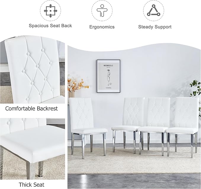 Modern Dining Table and Chairs for 6 - 63'' Glass Table with Silver U-Shaped Legs