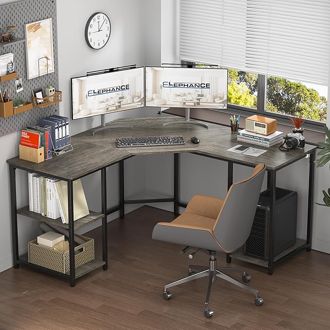 Elephance Large L-Shaped Computer Desk with Shelves, Corner Desk, Home Office Writing Workstation, Gaming Desk PC Latop Table with Storage