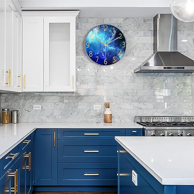 Lafocuse 12 Inch Blue Wall Clock Silent Non Ticking, Galaxy Glass Clocks Battery Operated for Living Room Bedroom Kitchen Decor, Deer Pattern