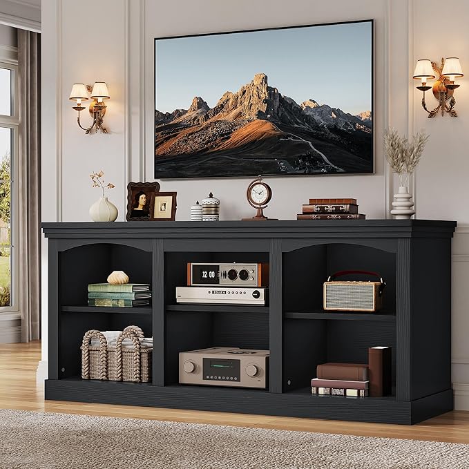 YITAHOME Farmhouse TV Stand with Cord Management for 75/80 Inch TV, Entertainment Center with Adjustable Shelf & Open Storage, 70" TV Console Table for Living Room (Black)