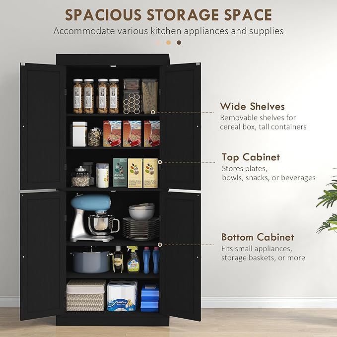 HOMCOM 72.5" Freestanding Kitchen Pantry Cabinet, Tall Storage Cabinet with 4 Doors and 2 Adjustable Shelves for Dining Room, Black Wood Grain