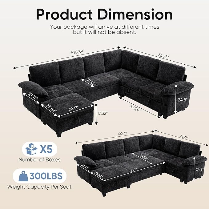 100" Modular Sectional Sleeper Sofa with Pull Out Bed,U Shaped 7 Seat Sectional Sofa with Storage,Modular Couch for Living Room,Deep Seat Couch with Removable Sofa Cover,Black