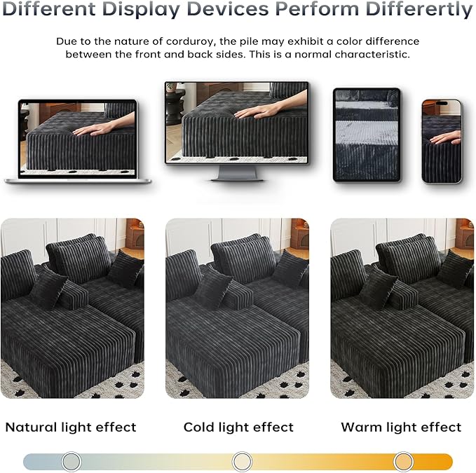108" Sectional Couches for Living Room, Modular Sectional Sofa with L-Shape Chaise, Boneless Couch, Comfy Corduroy Fluffy Couch with Deep Seat and Side Pockets, No Assembly Required