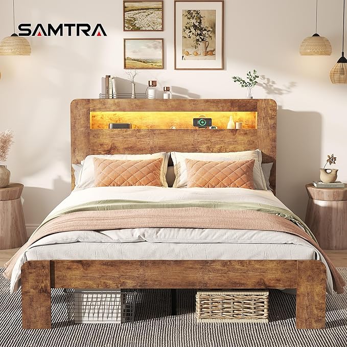 Wooden Bed Frame Queen Size with Headboard, Farmhouse Platform Bedframe with Metal Slat Support, Sturdy Framework Bed Frame, Easy Assembly (Rustic Brown LED)