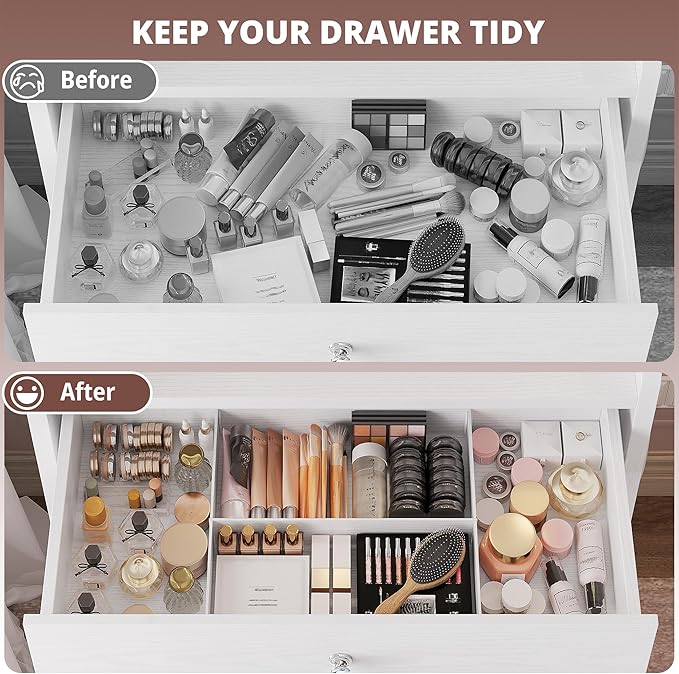 LIKIMIO Small Makeup Vanity Desk with Mirror and Lights, Vanity Table Set with Storage Stool, Makeup Drawer Organizer, Power Outlet, 3 Color Modes Adjustable Bulb, White Vanity for Bedroom