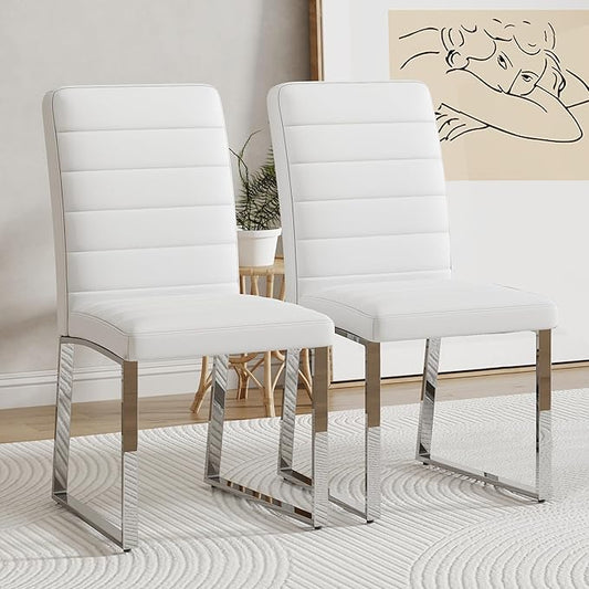 Modern Dining Chairs Set of 4, White Faux Leather Kitchen Chairs, Upholstered Armless Dining Room Chair with Gold Mental Legs Heavy Duty, Comfortable (White Chairs, Set of 2)