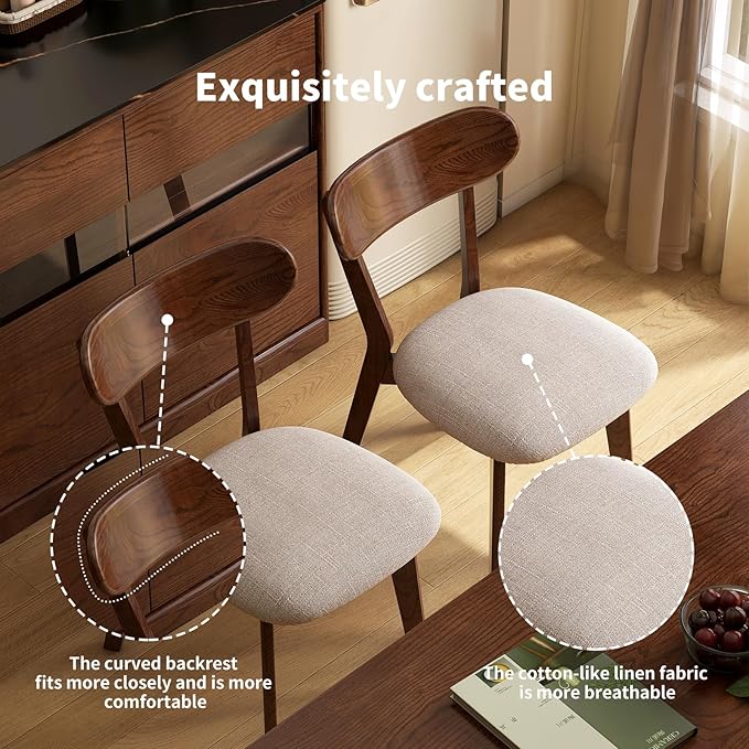 Walnut Dining Chairs Set of 2 - Comfortable Padded Seats,FAS-Grade North American Oak,Mid Century Modern Kitchen Chairs, Sturdy 400 lbs Capacity