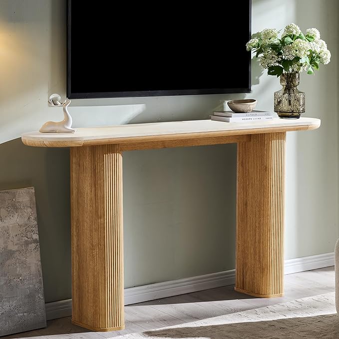 OKD 63 Inch Modern Console Table with Arc Black Marble Texture Top, Fluted Wood Base, Contemporary Entryway Sofa Table for Living Room, Hallway, Foyer, Natural Oak