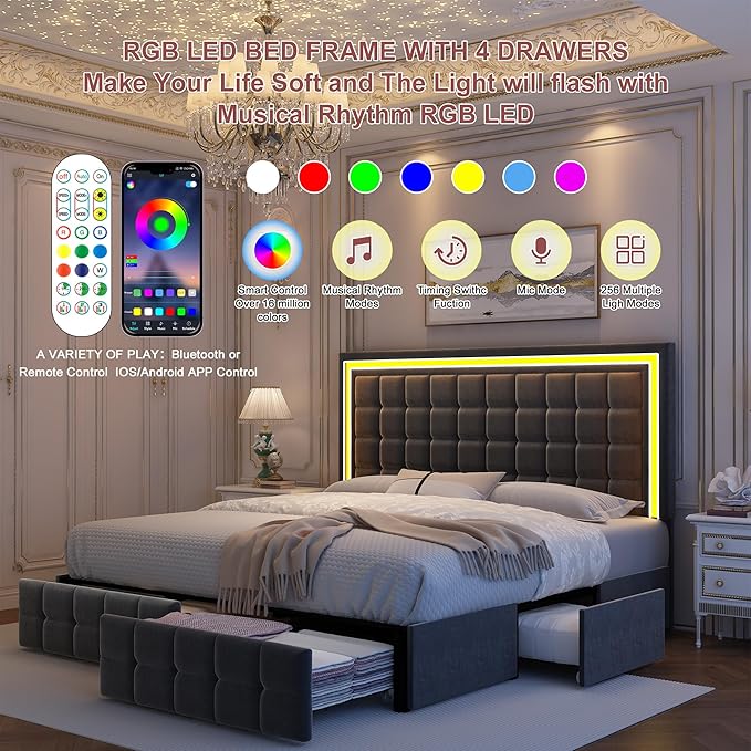 Queen Led Bed Frame with 4 Storage Drawers, Bed Frame with Led Lights No Box Spring Needed, 900 lbs Capacity, Easy Assembly, Sturdy Design, Velvet Grey