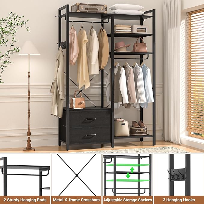 78.7'' Clothes Rack for Hanging Clothes - Reversible Clothing Rack with 2 Drawers, Heavy Duty Garment Racks with Shelves, 6 Tiers Freestanding Portable Closet Wardrobe System with Hanging Hooks, Black