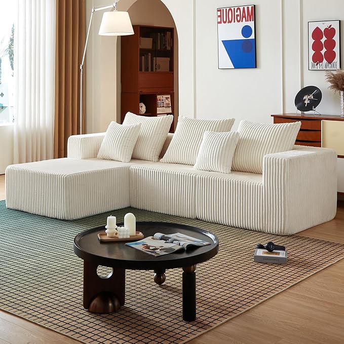 102" Sectional Couches for Living Room,Boneless Cloud Couch,L-Shaped Sofa with Oversized Deep Seat,Comfy Couch for Bedroom,Compressed Sofa in a Box,No Assembly Required(Corduroy,Beige)