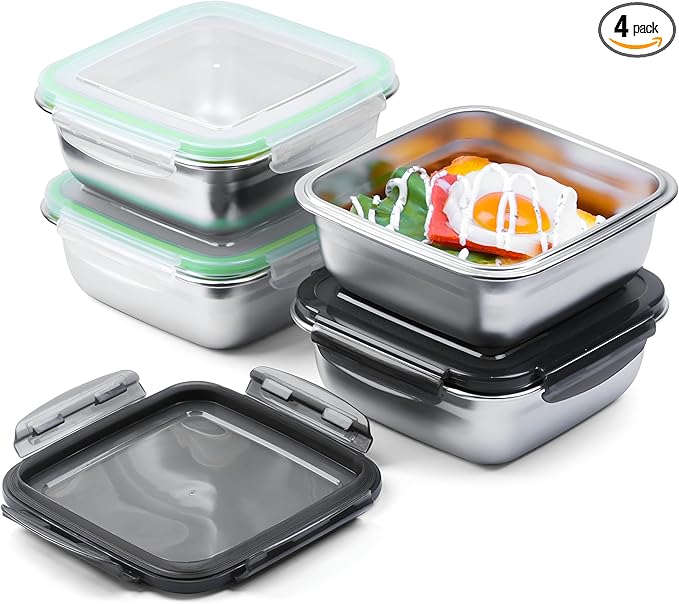 4 Pack 24oz Stainless Steel Sandwich Containers with Airtight Leak-Proof Lids, Reusable Metal Lunch Boxes for Meal Prep, Bento, Snack, Travel & Family, BPA-Free Dishwasher Safe (Green, Black)