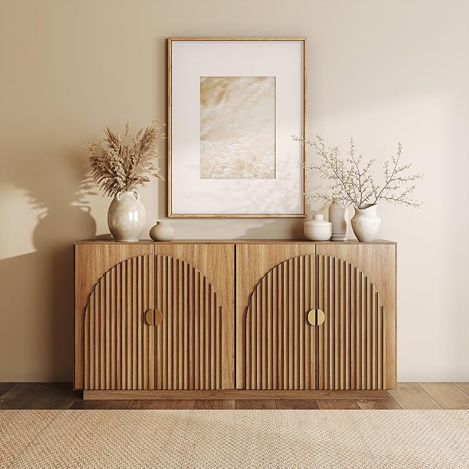 BELLEZE 65 Inch Fluted Buffet Cabinet with Storage, Symmetrical Arc Accent Sideboard Large Console Table for Dining Room, Kitchen, and Living Room (Caramel Brown)