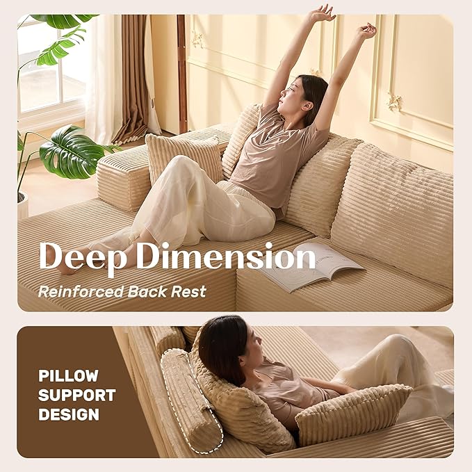 138" Boneless Couch with Deep Seat, Modular Sectional Sofa, Cloud Sectional Couch for Living Room, No Assembly Required, Corduroy, U-Shape 4 Seater Left, Camel