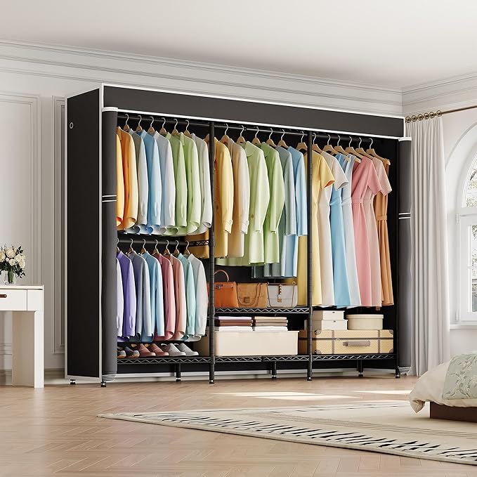 H8 Garment Rack with Cover, Portable Closet for Hanging Clothes, Heavy Duty Clothes Rack Wardrobe Closet Organizer and Storage, Black Clothing Rack Shelf with Black Fabric Cover