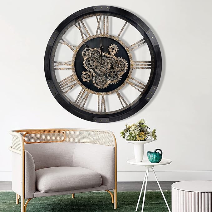 DORBOKER 40" Original Moving Gears Wall Clock, Large Industrial Wall Clock for Living Room Decor,Oversized Wood Vintage Farmhouse Steampunk Rustic Clocks for Wall Decor Vintage Black