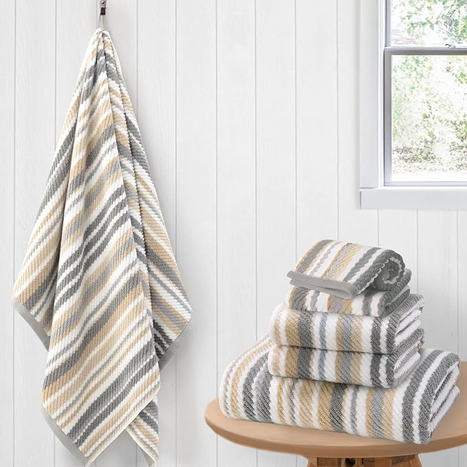 Cotton Towels Set of 6, 6PC Striped Towels - 100% Cotton & Quick Dry - 2 Soft Bath 28"x52", 2 Absorbent Hand 16"x27", 2 Lightweight Washcloth 13"x13", Tan Body Towel with Hanging loop, Gray + Beige