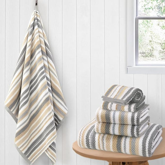 Cotton Towels Set of 6, 6PC Striped Towels - 100% Cotton & Quick Dry - 2 Soft Bath 28"x52", 2 Absorbent Hand 16"x27", 2 Lightweight Washcloth 13"x13", Tan Body Towel with Hanging loop, Gray + Beige