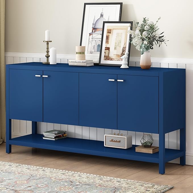 60'' Large Storage Cabinet Sideboard with 4 Doors and Open Bottom Shelf, Functional Wood Entryway Console Table for Study Living Room Dining Room (Navy Blue-SY)