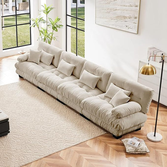 173.2" Oversized Couch, 4 Seater Modular Sectional Sofa, Beige Sectional Fluffy Chenille Cloud Couch Set with 6 Pillows, Deep Seat Sofas for Living Room