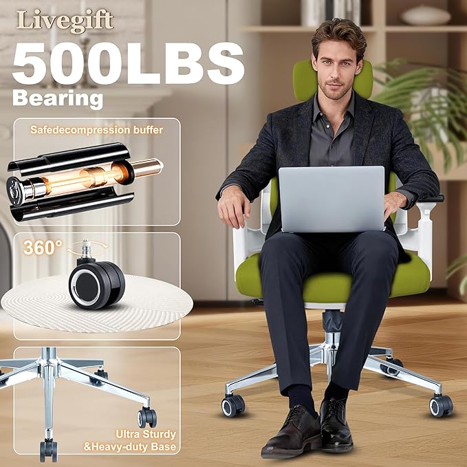 Big and Tall Office Chair 500lbs, Extra Wide 20" Seat and Reinforced Frame, Dual-backrest Ergonomic Desk Chair with Headrest and Flip-Up Arms, High Back Task Chair for Back Pain-Green