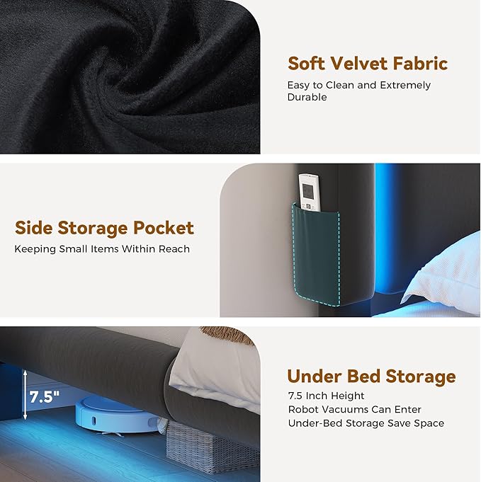 Queen Size Floating Bed Frame with LED Lights, Velvet Upholstered Headboard Bed Frame, Rounded Corners, Charging Station, No Box Spring Needed, Easy Assembly, Black