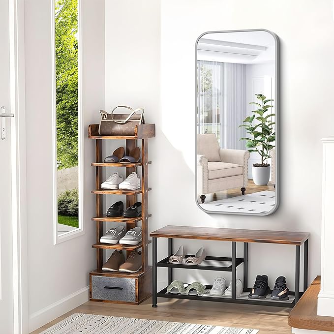 BONEWEI Silver Bathroom Mirror,20x40 inch Wall Mirror for Bathroom Wall Mounted,Rectangle Mirror for Bathroom Over Sink,Modern Frame Round Corner for Living Room,Bedroom Entryway,Horizontal/Vertical