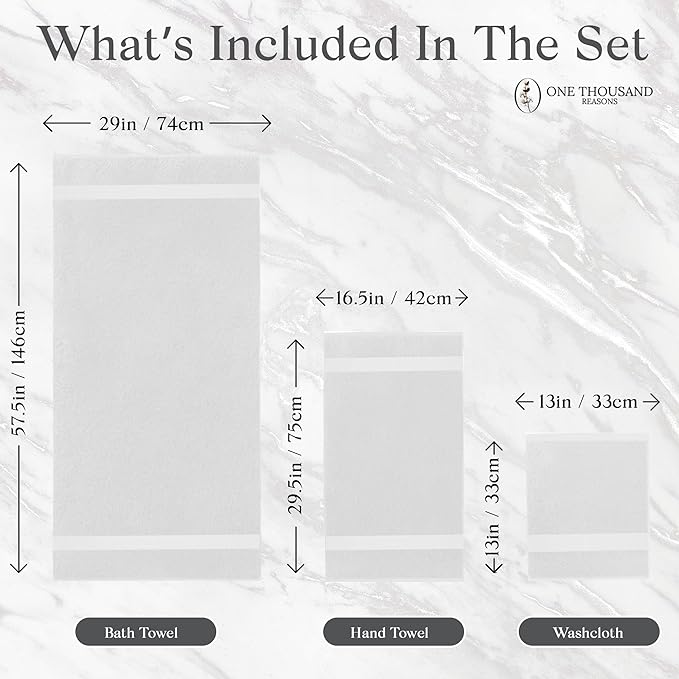 Premium Staple Cotton Bathroom Towel Set - White 600 GSM 6-Piece Luxury Bath Towel Set 1 Stripe - 2 Bath Towels, 2 Hand Towels & 2 Washclothes Set - High Absorbent & Quick Dry for Gym, Spa, Hotel