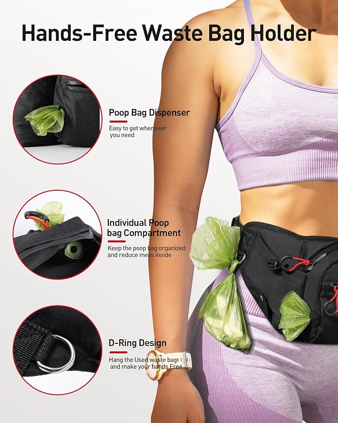 AGPTEK Dog Walking Fanny Pack, Large Capacity Dog Training Treat Pouch, Waist Bag with Removable Snack Pouch, Water Holder, Poop Bag Dispenser, Waterproof Zipper, Adjustable Strap, Black