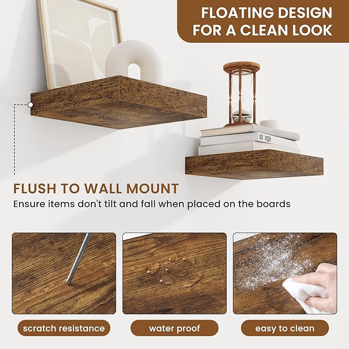 fuqing Floating Shelves for Wall, Wall Mounted Wood Floating Shelf with Invisible Brackets for Living Room, Bathroom, Bedroom, Kitchen Storage and Decor,6.5 Inch Set of 3, Rustic Brown