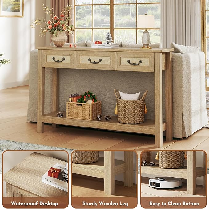47.2" Console Table with 3 Rattan Drawers, Long Sofa Table with Storage Behind Couch, Modern Entryway Table with Power Outlet & Open Shelf for Entrance/Hallway/Foyer/Living Room, Natural