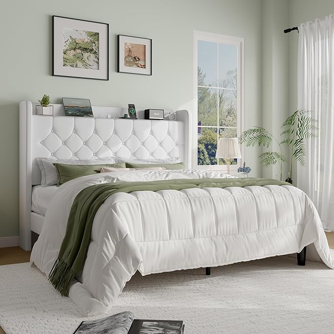 SHA CERLIN Full Size Platform Bed Frame with Charging Station, Velvet Wingback Headboard with Storage Shelf, Wooden Slats Support, Ample Under-Bed Space, No Box Spring Needed, Easy Assembly, White