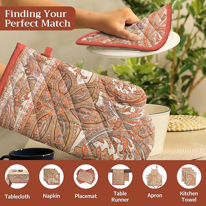 Maison d' Hermine Oven Gloves 100% Cotton Oven Mitt 7" x 13" with Loop Heat Resistant BBQ Cooking Gloves for Thanksgiving Christmas Decorations Baking Handling Hot Pans (Pack of 1, Kashmir Paisley)