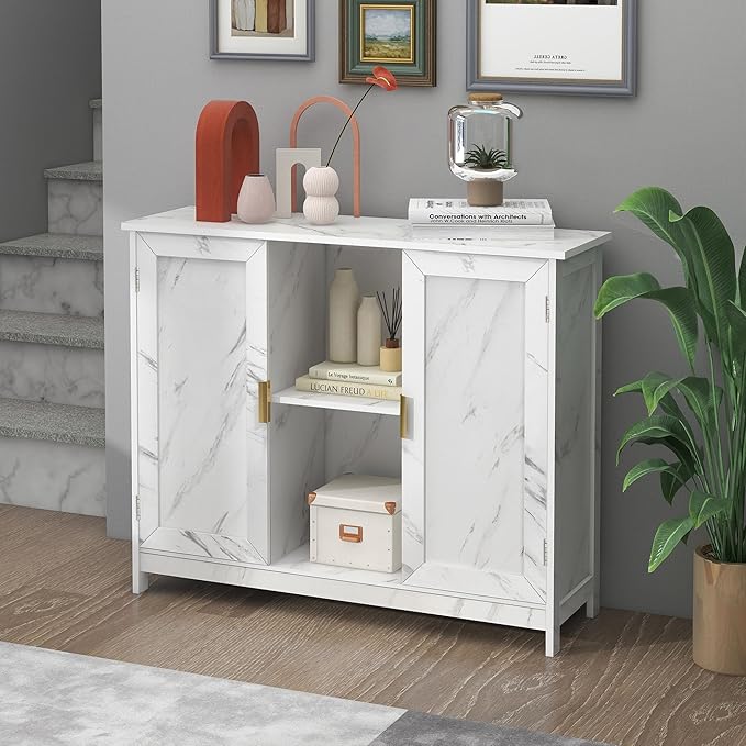 TaoHFE Marble Top Narrow Sideboard Cabinet,Modern White Marble Side Buffet Cabinet with Storage,Kitchen Island Narrow Sideboard for Kitchen for Living Room