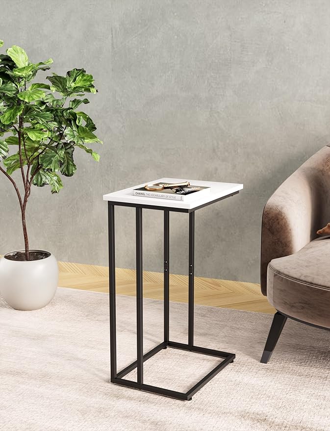 Innerjoin Wide C Side Table,C Couch Laptop Table with Metal Frames, Small Snack End for Sofa and Bed, Retro Table, Living Room Bedroom, Industrial Style, White