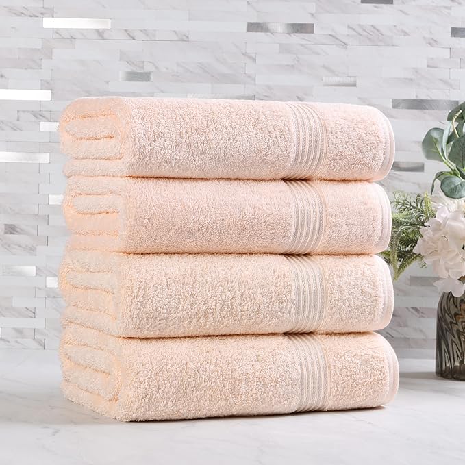 Superior Heritage Egyptian Cotton Bath Towel Set, Large Body Towels for Home Bathroom, Master, Guest Bath Decor, Plush, Absorbent Basics, Spa, Hotel, Resort, Luxury Essentials, Set of 4, Peach