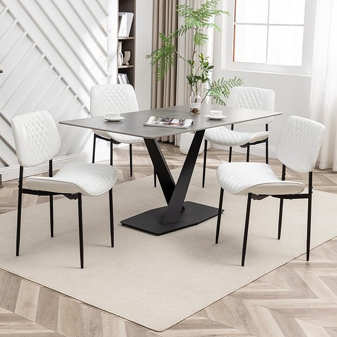 Modern Dining Chairs Set of 4, Leather Dining Chair with Metal Legs, Upholstered Dining Room Chairs for Dining Room, Kitchen, Vanity (White)