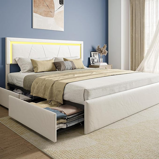 King Size Bed Frame with Adjustable Headboard, Upholstered Platform Bed with 4 Storage Drawers, Wooden Slats Support, Built in Charging Station & LED, Noise-Free, No Box Spring Needed, Beige
