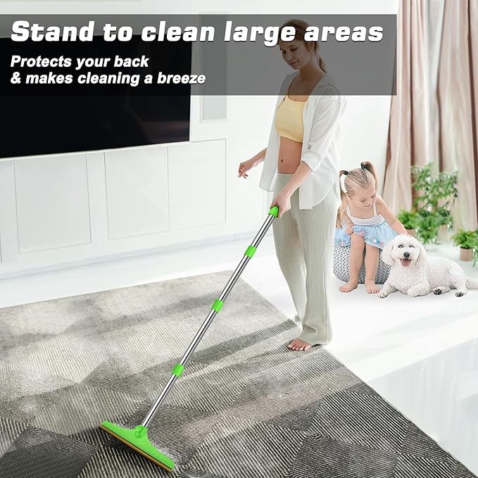 B-Land Carpet Rake for Pet Hair Removal, Reusable Pet Hair Remover with 60” Adjustable Long Handle, Carpet Scraper Dog Cat Hair Remover Tool for Rugs, Mats, Couch, Furniture Green