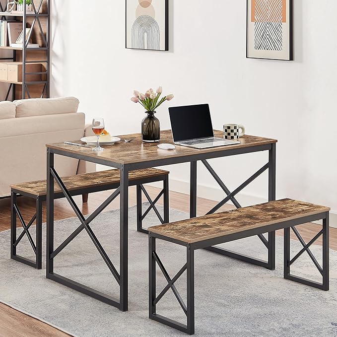 VECELO Kitchen Dining Table Benches Set for 4, 43.3" Wooden Dinette with 2 Benches, Heavy-Duty Dining Room Table for Small Space, Breakfast Nook, BrownRustic Brown