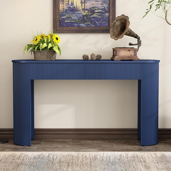 Modern Fluted Console Table 54-Inch Oval Entry Sofa Table with Storage Drawers for Living Room Entryway Hallway Furniture, Navy