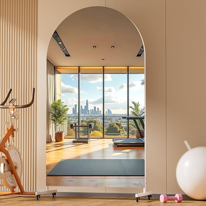 Hasipu 71" x 36" Arched Rolling Home Gym Mirror with Wheels, 360° Swivel Body Mirror with HD Tempered Glass, Large Floor Mirror for Yoga Room, Dance Studio, Bedroom & Home Gym