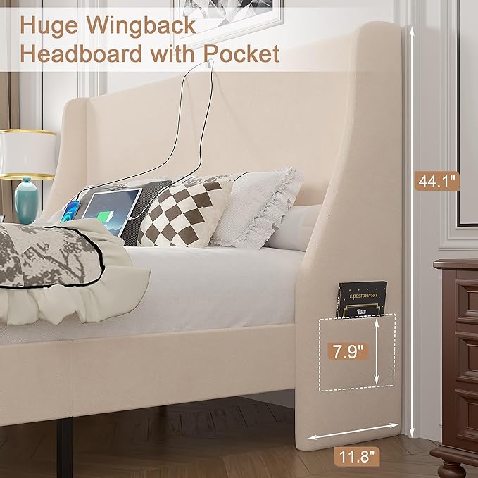VECELO Full Bed Frame with Upholstered Wingback Headboard, Heavy-Duty Platform Bedframe with Charging Station, Wooden Slats, No Box Spring Needed, Beige