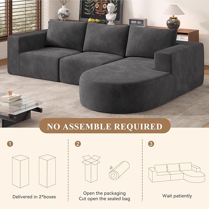 Modular Sectional Sofa with L-Shape Chaise,Cloud Sectional Modern Sleeper Couch with Deep Seat,Sponge Compression Sofas No Assembly Required (Dark Gray-Corduroy Fabric) 1PCS
