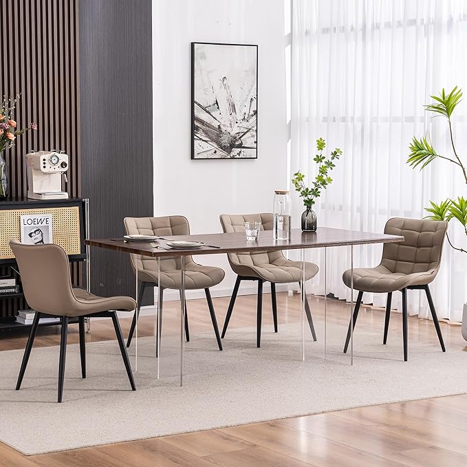 YOUTASTE Khaki Dining Chairs Set of 2, Comfy Faux Leather Upholstered Kitchen Chairs with Black Metal Legs, Mid-Century Modern Design, Accent Chair for Dining Room, Bedroom, Reception