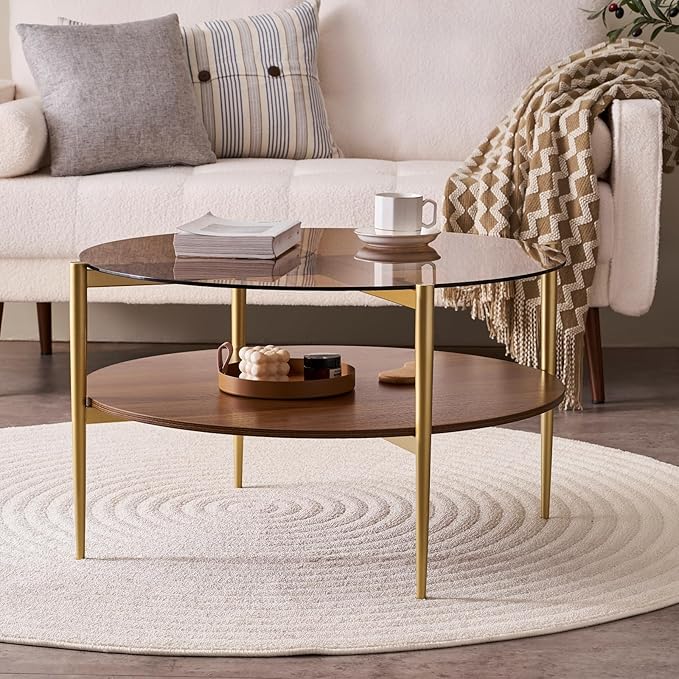 Round Coffee Table, Mid-Century Modern Design, D30 x H17, for Living Room, 2-Tier Structure, Amber Glass Top and Walnut MDF Shelf, Sleek Conical Metal Legs with Gold Finish
